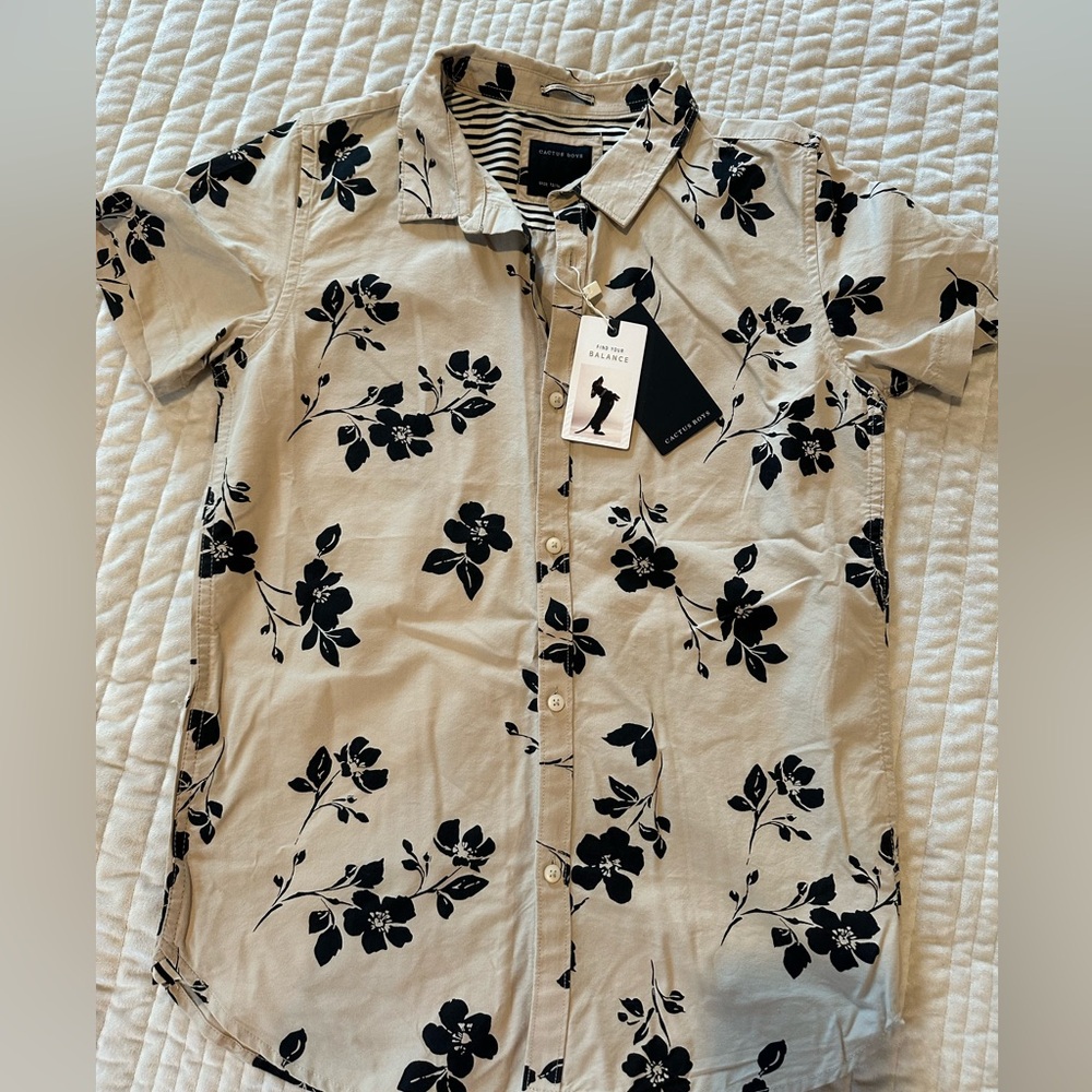 Cactus - Boys, OffWhite with Black Floral Design Shirt Sleeve Button-Up Shirt